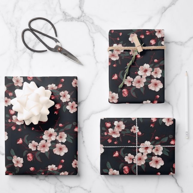 Cherry Blossom Flowers on Black Background Wrapping Paper Sheet (Front)