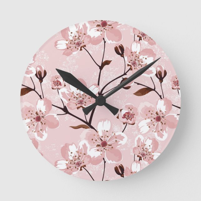 Cherry Blossom Flowers Pattern Round Clock (Front)