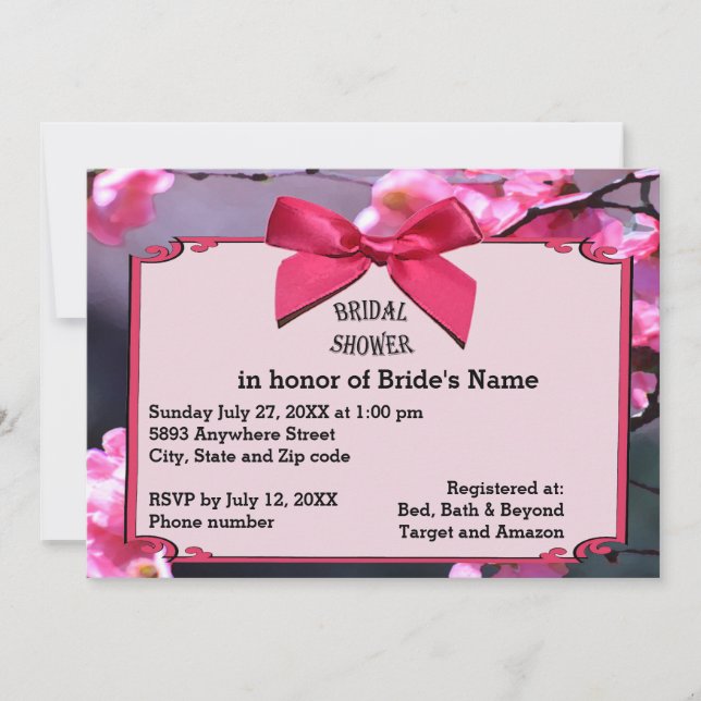 Cherry Blossom Frame & Pink Bow Bridal Shower Inv Invitation (Front)
