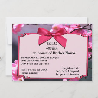 Cherry Blossom Frame & Pink Bow Bridal Shower Inv Invitation