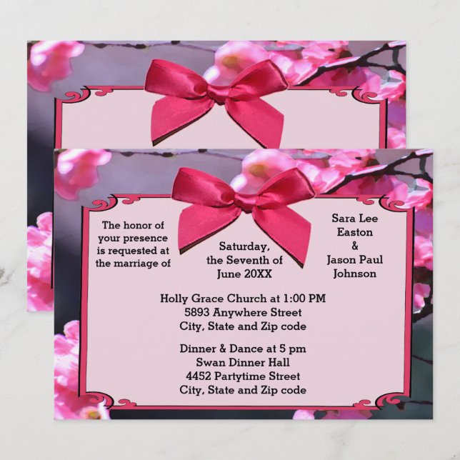 Cherry Blossom Frame & Pink Bow Wedding Invitation (Front/Back)