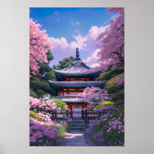 Cherry Blossom Garden and Wooden Temple Poster
