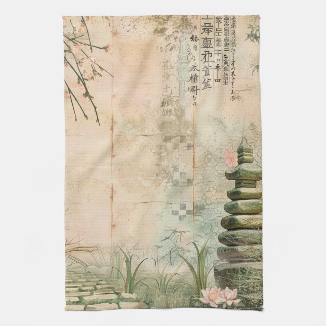 Cherry Blossom Garden Scene (2) Tea Towel (Vertical)