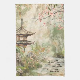 Cherry Blossom Garden Scene (4) Tea Towel