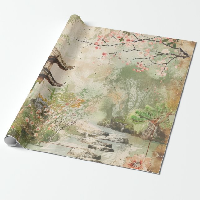 Cherry Blossom Garden Scene (4) Wrapping Paper (Unrolled)
