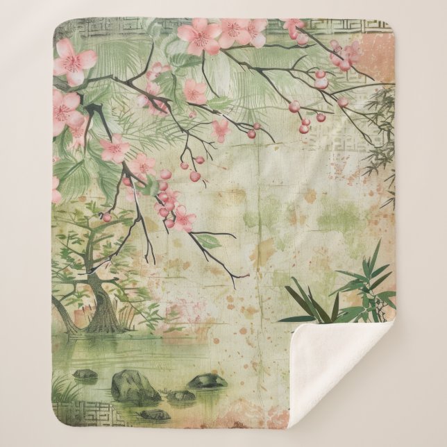 Cherry Blossom Garden Scene (5) Sherpa Blanket (Front)