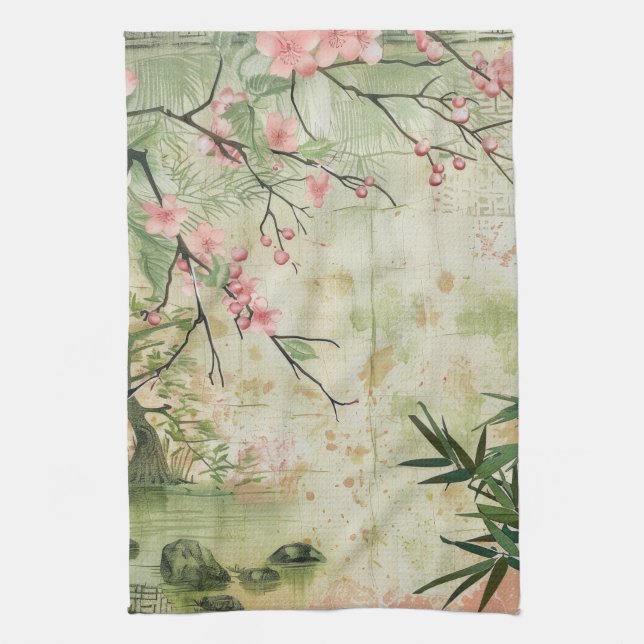 Cherry Blossom Garden Scene (5) Tea Towel (Vertical)