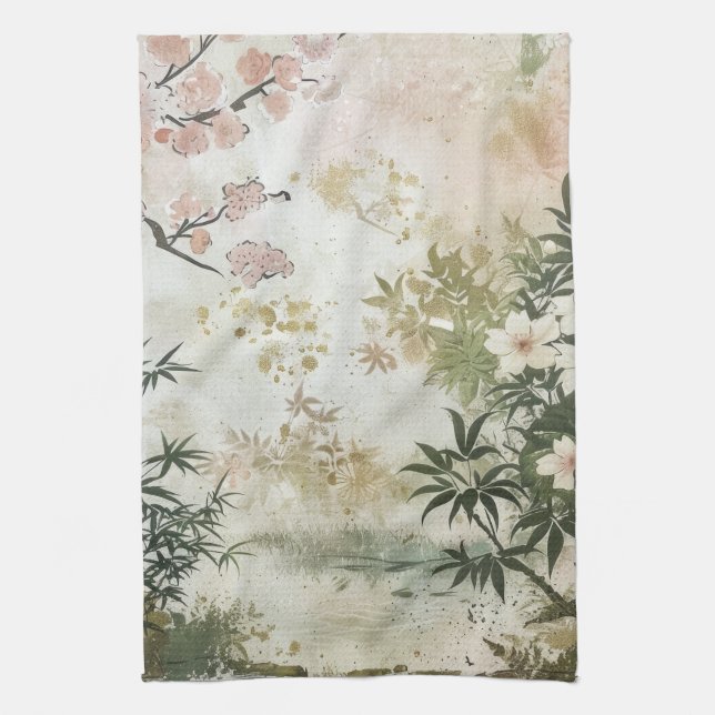 Cherry Blossom Garden Scene (6) Tea Towel (Vertical)