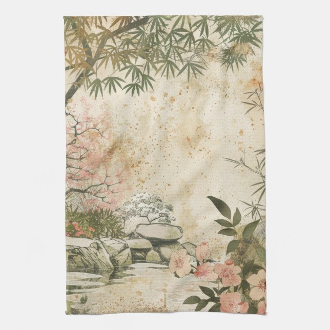 Cherry Blossom Garden Scene (8) Tea Towel (Vertical)