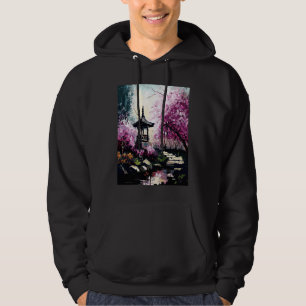 Cherry Blossom Garden with Shrine Pond French Pain Hoodie