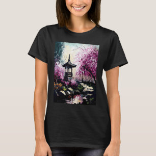 Cherry Blossom Garden with Shrine Pond French Pain T-Shirt