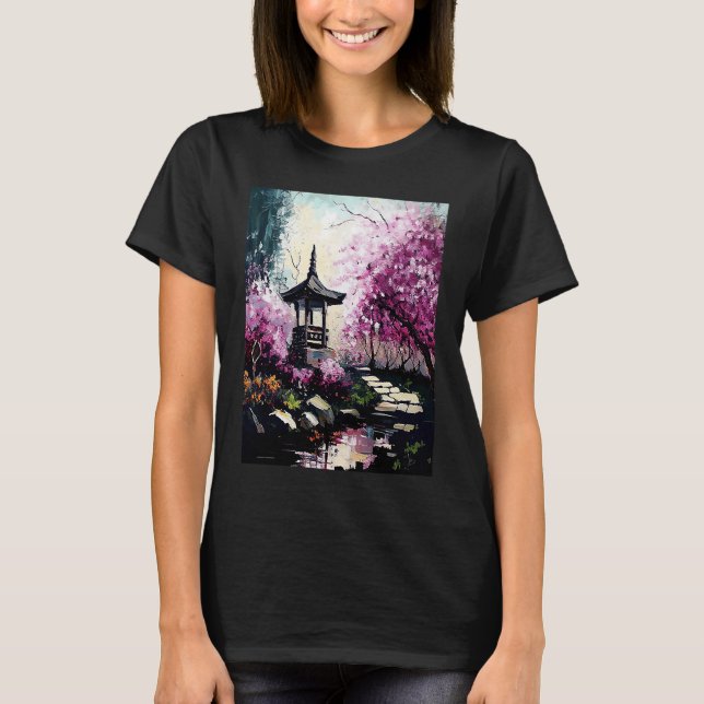 Cherry Blossom Garden with Shrine Pond French Pain T-Shirt (Front)