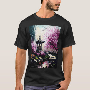 Cherry Blossom Garden with Shrine Pond French Pain T-Shirt