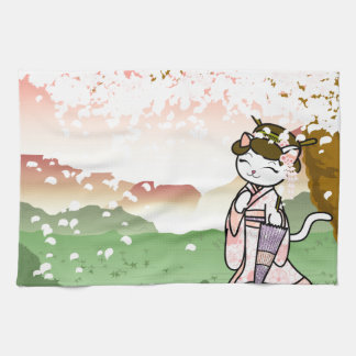 Cherry Blossom Geisha Kitty Tea Towel