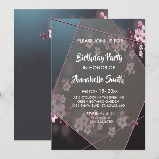 Cherry Blossom Geometric Floral Birthday Party Invitation (Front/Back)