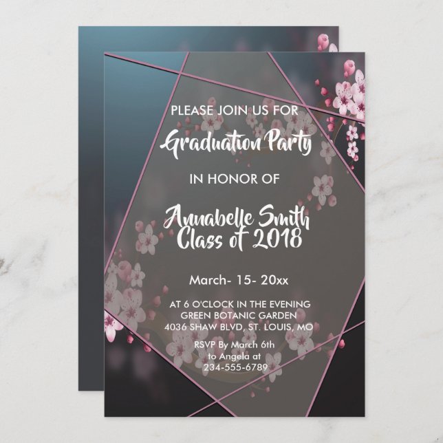 Cherry Blossom Geometric Floral Graduation Invitation (Front/Back)