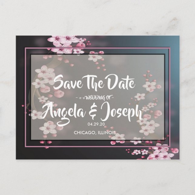 Cherry Blossom Geometric Floral Save the Date Announcement Postcard (Front)
