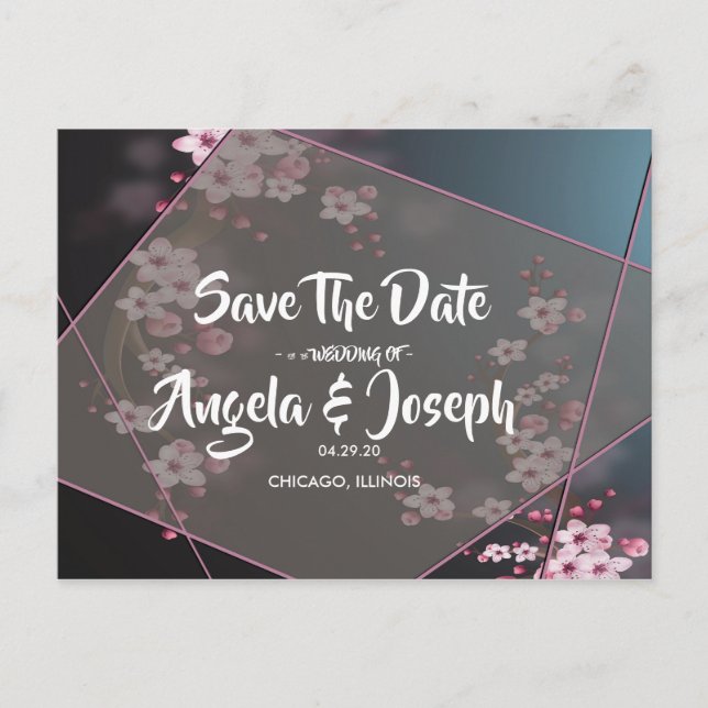 Cherry Blossom Geometric Floral Save the Date Announcement Postcard (Front)