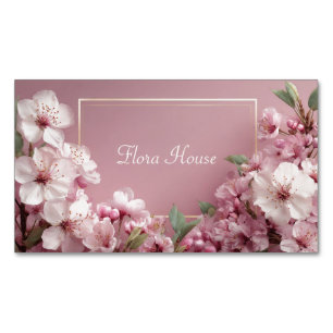 Cherry Blossom Gold Frame Dusty Rose Floral Magnetic Business Card
