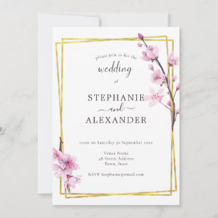 Cherry Blossom & Gold Frame Wedding Invitation