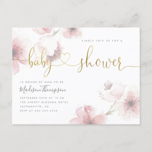 Cherry Blossom Gold Script Floral Baby Shower Invitation Postcard
