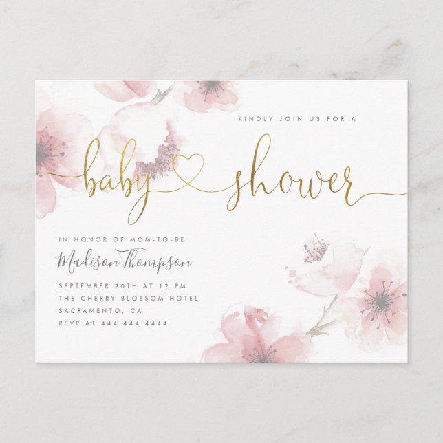 Cherry Blossom Gold Script Floral Baby Shower Invitation Postcard (Front)