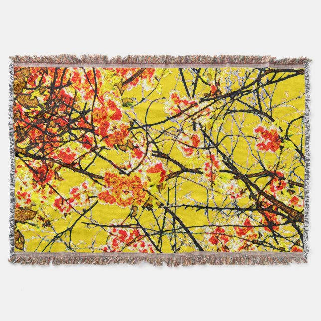Cherry Blossom Golden Yellow Floral Design Throw Blanket (Front)