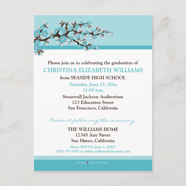 Cherry Blossom Graduation Announcement (aqua) (Front)