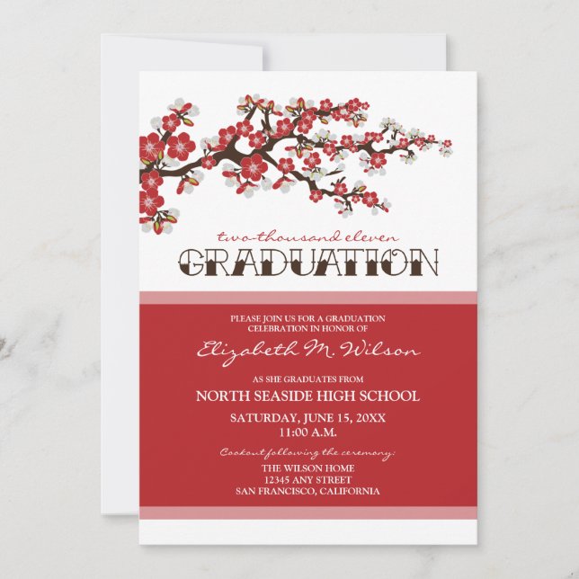 Cherry Blossom Graduation Announcement (red) (Front)