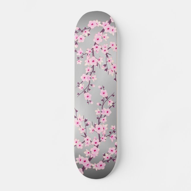 Cherry Blossom Grey Pink Asia Floral Skateboard (Front)