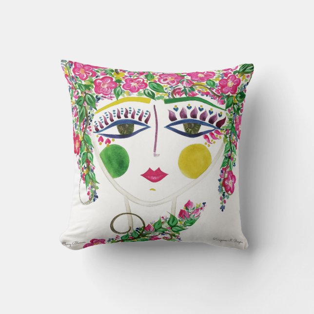 Cherry Blossom - Gypsy Garden Girl Cotton Pillow (Front)