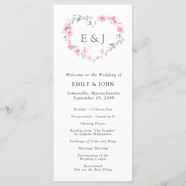 Cherry Blossom Heart Monogram Wedding Programme (Front)