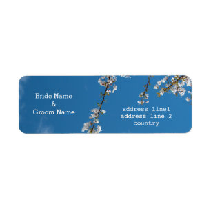 cherry blossom in blue sky wedding address labels.
