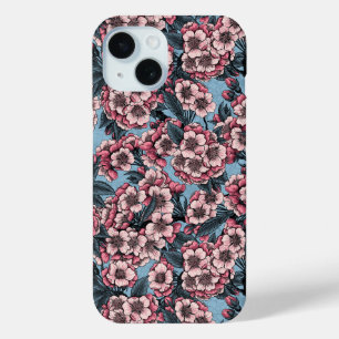 Cherry blossom in pink and blue iPhone 15 case