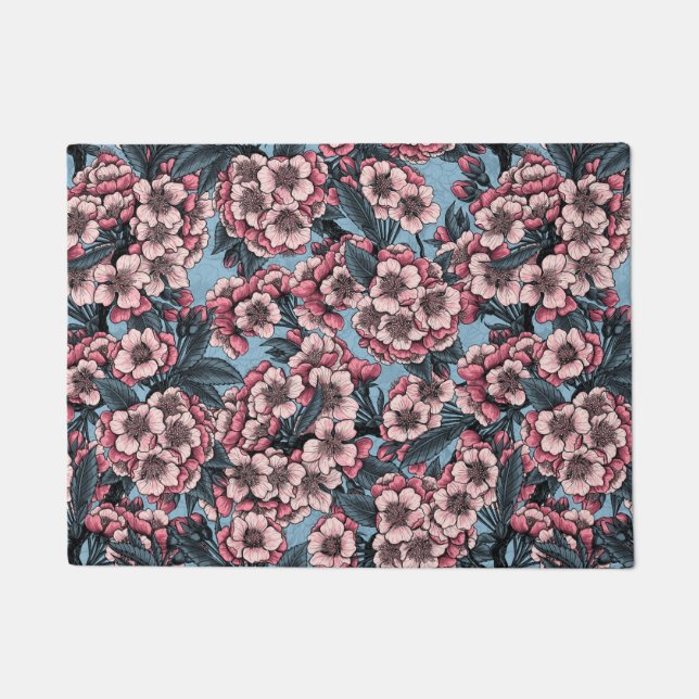 Cherry blossom in pink and blue doormat (Front)