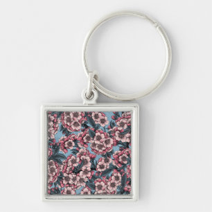 Cherry blossom in pink and blue key ring