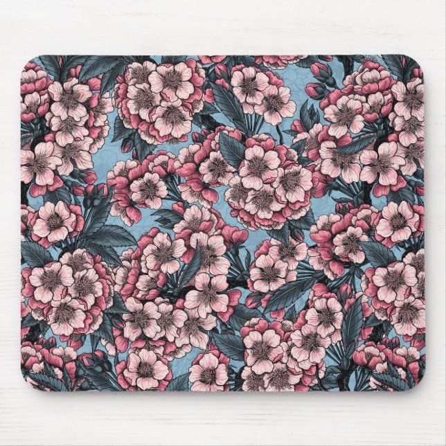 Cherry blossom in pink and blue mouse mat (Front)