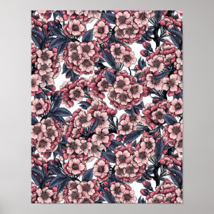 Cherry blossom in pink and blue poster
