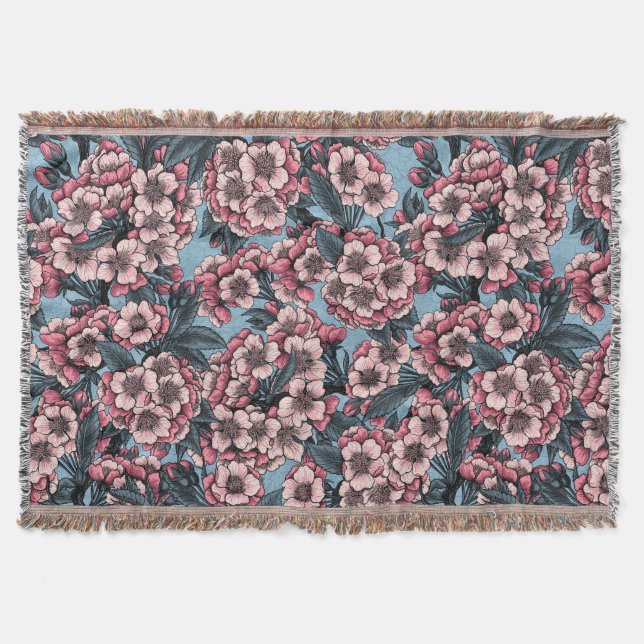 Cherry blossom in pink and blue throw blanket (Front)