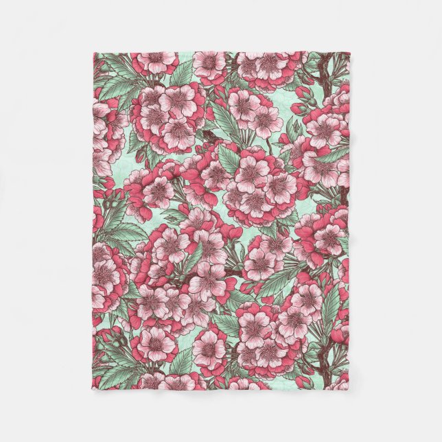Cherry blossom in pink and mint fleece blanket (Front)