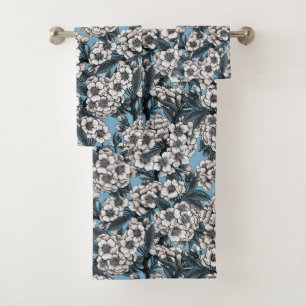 Cherry blossom in white and blue bath towel set