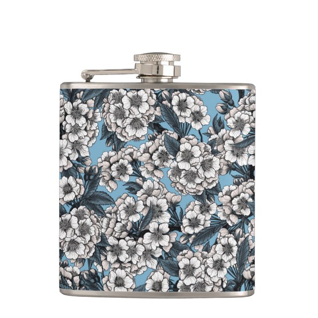Cherry blossom in white and blue hip flask (Front)