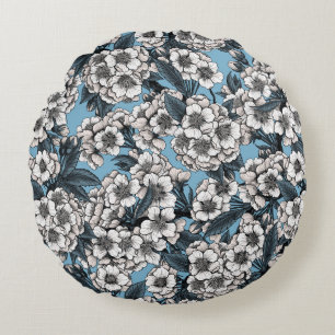 Cherry blossom in white and blue round cushion