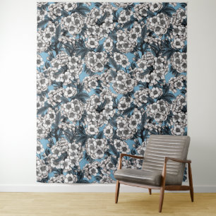 Cherry blossom in white and blue tapestry
