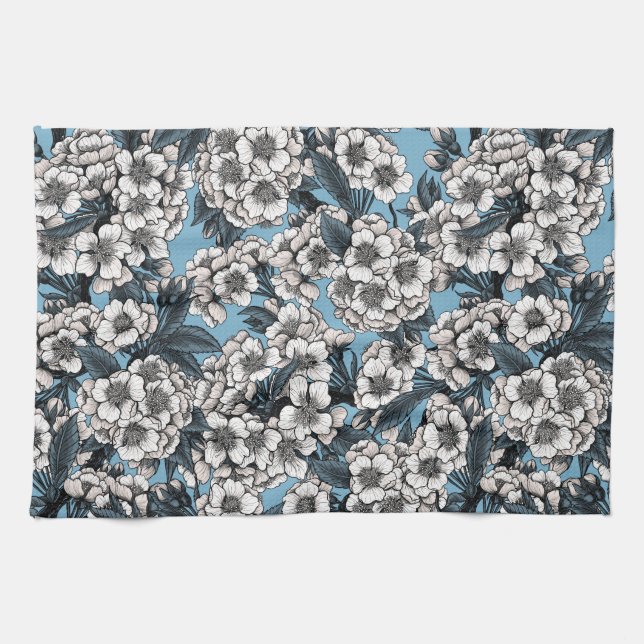 Cherry blossom in white and blue tea towel (Horizontal)
