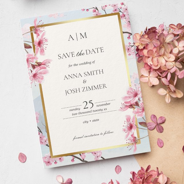 Cherry Blossom Japan Elegant Blush Gold Wedding Save The Date (Cherry Blossom Save The Date)