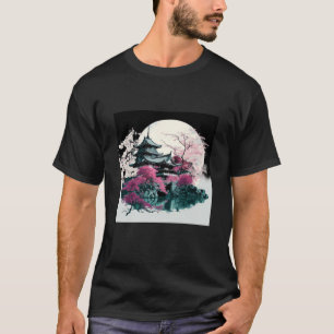 Cherry Blossom Japanese Castle with Moon and Water T-Shirt