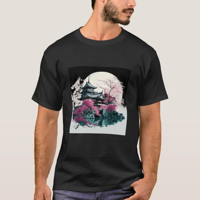 Cherry Blossom Japanese Castle with Moon and Water T-Shirt (Front)