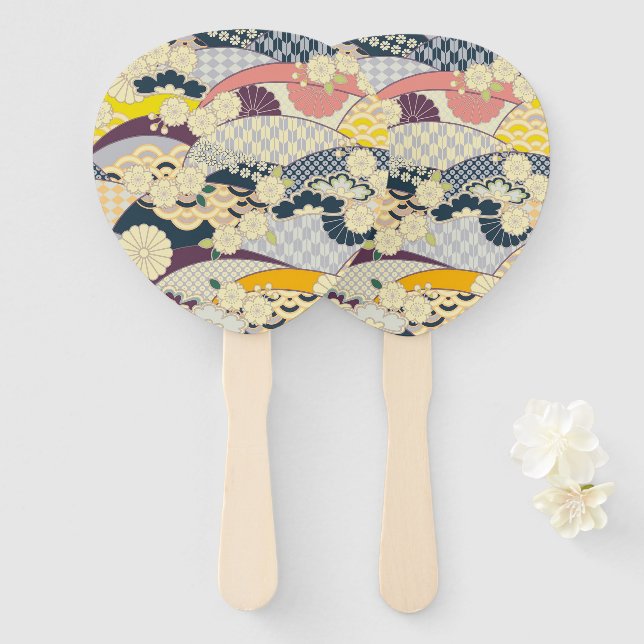 Cherry Blossom Japanese Floral Red White Hand Fan (Front and Back)