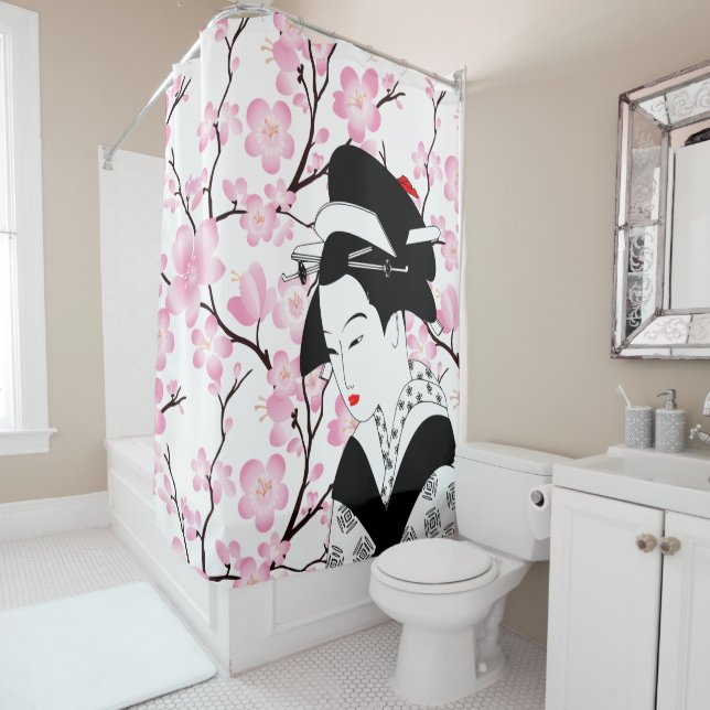 cherry blossom japanese geisha pink black white 3 shower curtain (In Situ)